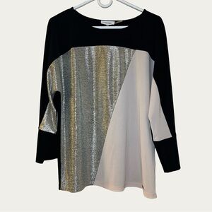 Calvin Klein Women’s Black, Gold, and Cream Colorblock long sleeve blouse Size M